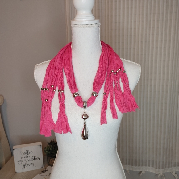PINK JEWELRY BEADED FRINGE SCARF - Picture 1 of 6